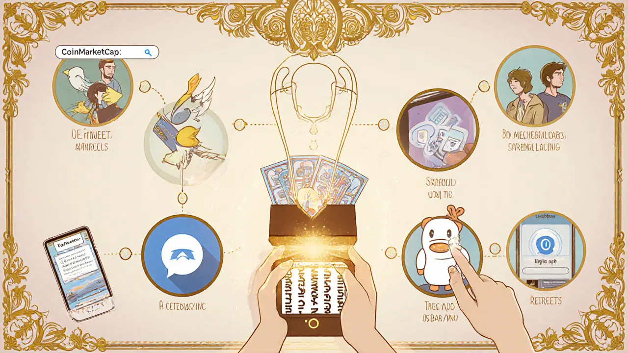 Dibujo Art Nouveau que muestra los nueve pasos del airdrop y una caja misteriosa NFT abierta.