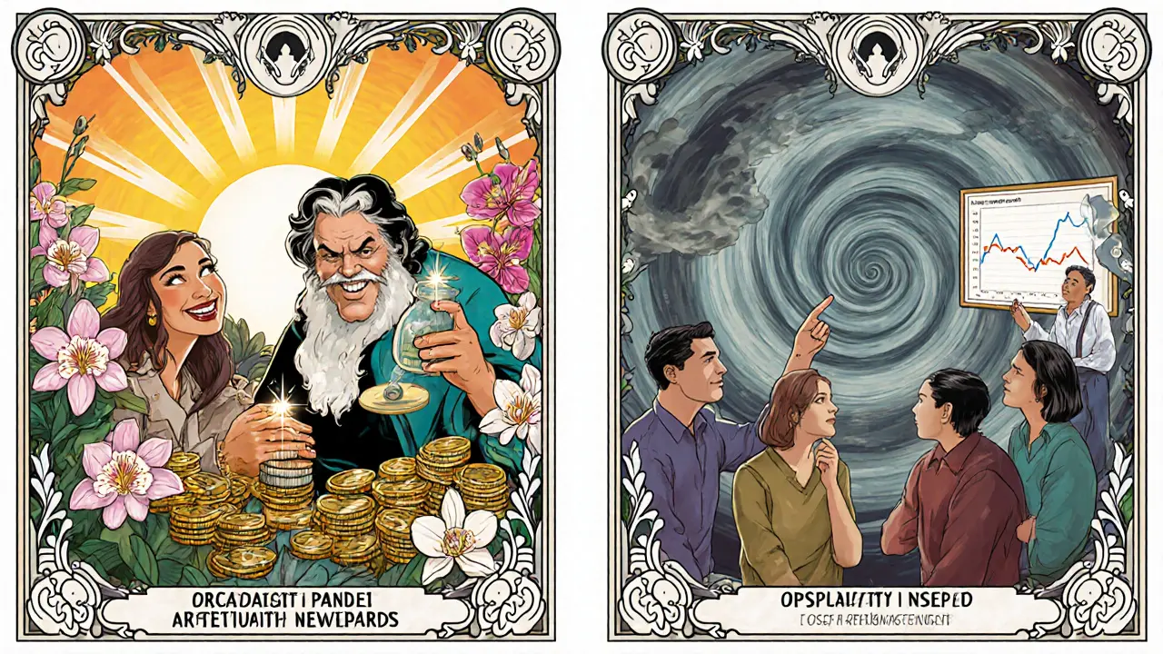 Escena dividida: ganadores felices y participantes inseguros, estilo Art Nouveau.