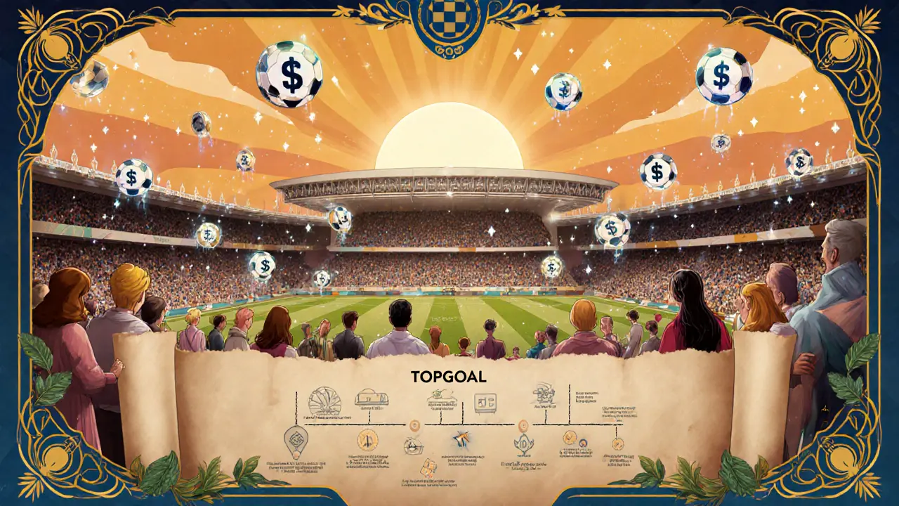 Imagen Art Nouveau de un estadio futurista con hologramas, tokens $GOAL cayendo y una hoja de ruta Q3‑2024.