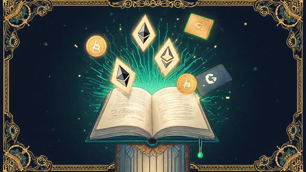 Ledger Art Nouveau con símbolos ERC‑20 y carteras digitales llenas de tokens.