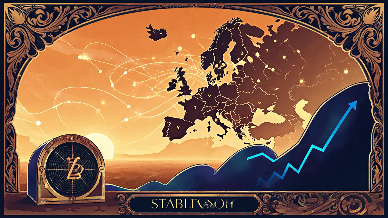 Mapa de Europa con nodos brillantes de empresas cripto MiCA‑compliant y flechas de expansión.