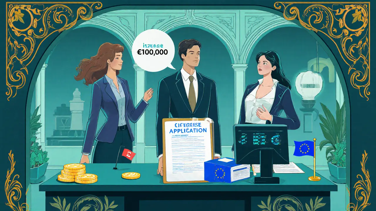 Oficina de CASP con empleados revisando licencias y pantalla AML, estilo Art Nouveau.