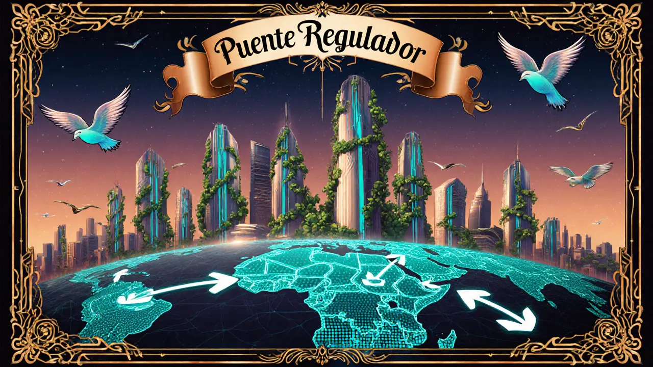 Paisaje Art Nouveau de Amán como hub fintech con torres iluminadas y símbolos de cripto.