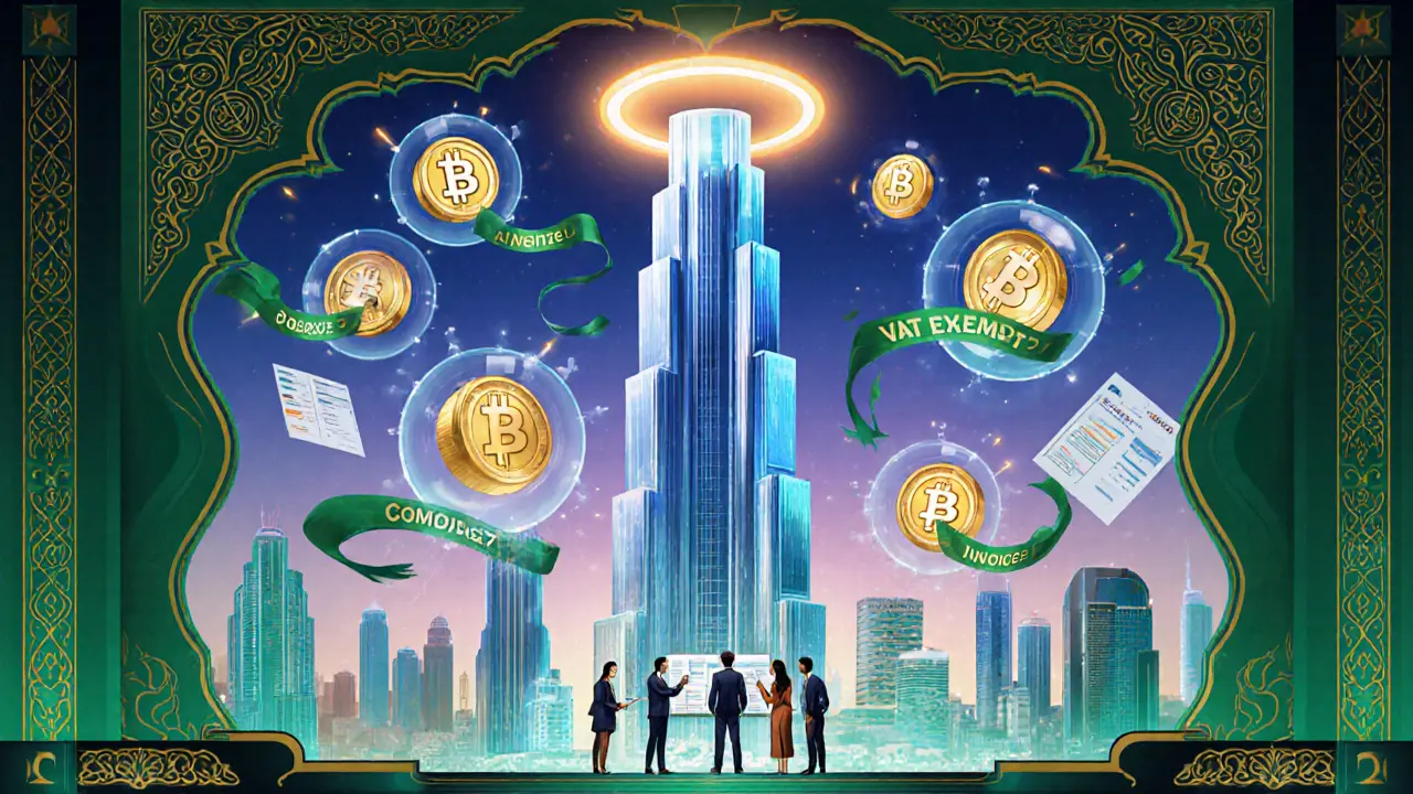 Rascacielos UAE con tokens flotantes y letreros de exención de IVA en estilo Art Nouveau.