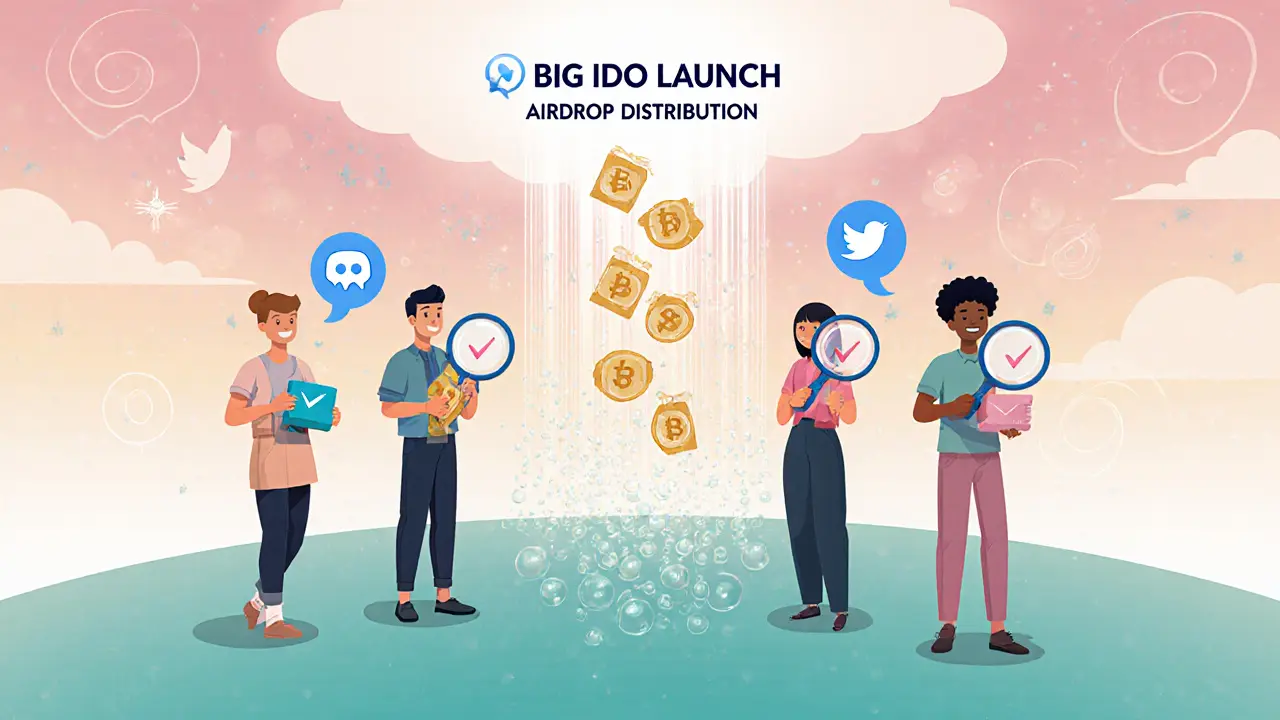 Avatares con carteras recibiendo tokens airdrop tras completar KYC en estilo Art Nouveau.