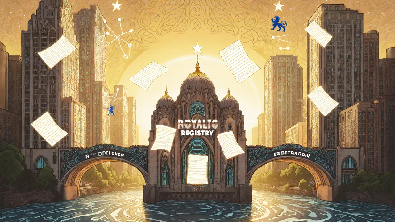 Ciudad futurista con edificio &quot;Royalty Registry&quot; conectado a puentes L2 y símbolos regulatorios en el cielo.