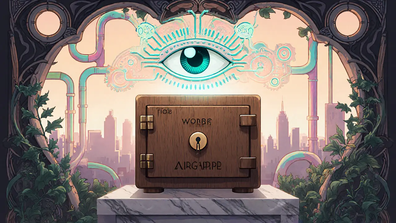 Escena Art Nouveau de almacenamiento inmutable y arquitectura zero‑trust con llave FIDO2 y ojo de IA.