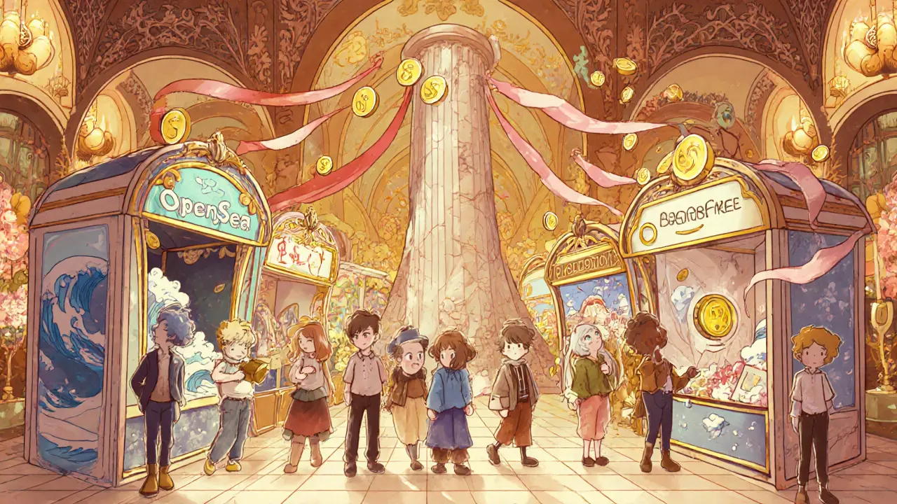 Escena de mercado NFT con puestos de OpenSea, Foundation, Blur y LooksRare y monedas de regalías flotando.