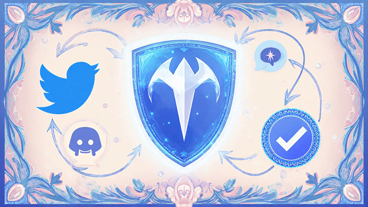 Guía visual muestra wallet Phantom y símbolos de Twitter y Discord para airdrops seguros.