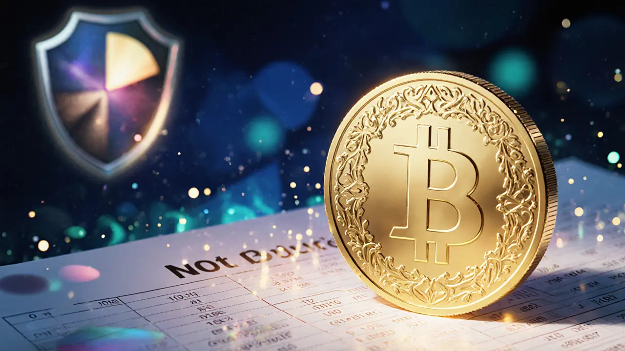 Moneda CPO dorada con filigrana Art Nouveau sobre un registro digital y símbolos de distribución.