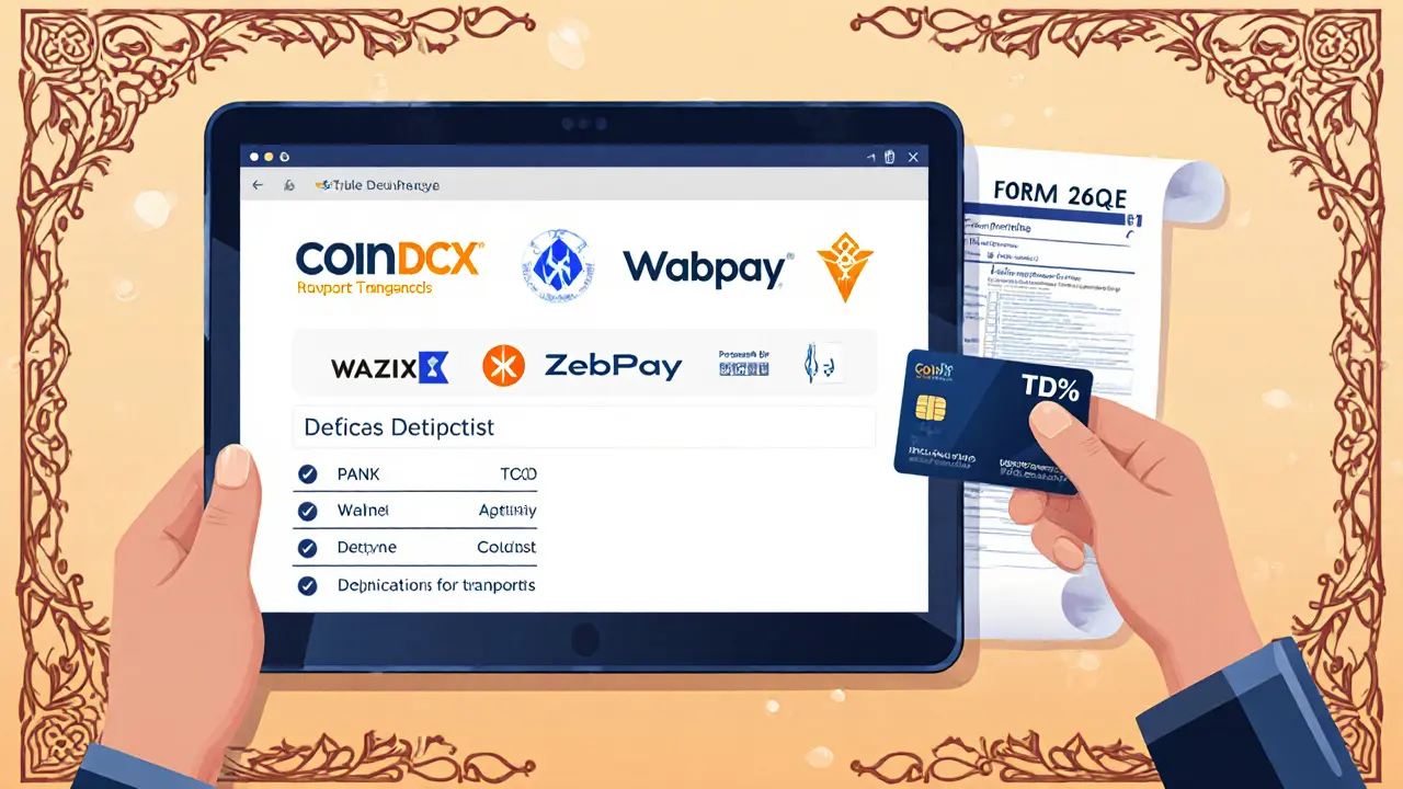 Usuario en exchange indio mostrando deducción automática de 1 % TDS y formulario 26QE.