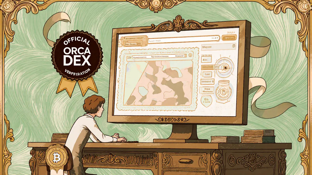 Usuario verifica un contrato en un explorador estilo Art Nouveau con logo de Orca DEX.