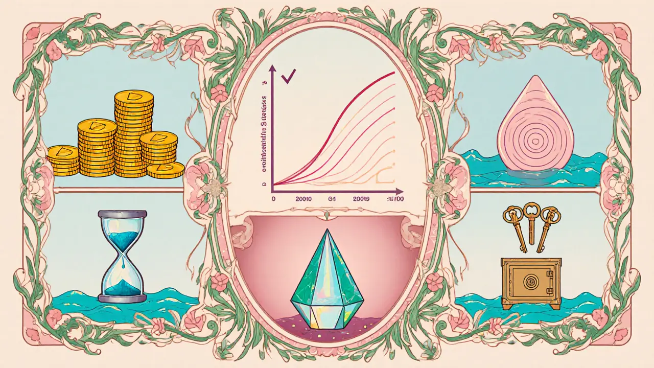 Cartel Art Nouveau con seis secciones que representan los mecanismos de voto de una DAO.