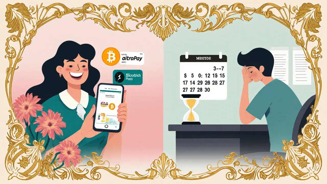 División que muestra a un usuario feliz comprando Bitcoin y otro frustrado esperando retiros lentos.