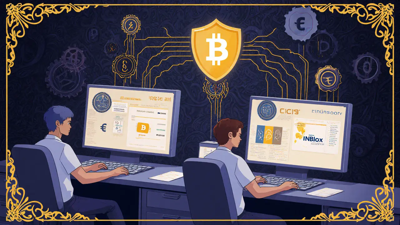 Escena Art Nouveau de un exchange cumpliendo la Travel Rule con protocolos TRP e INBlox.