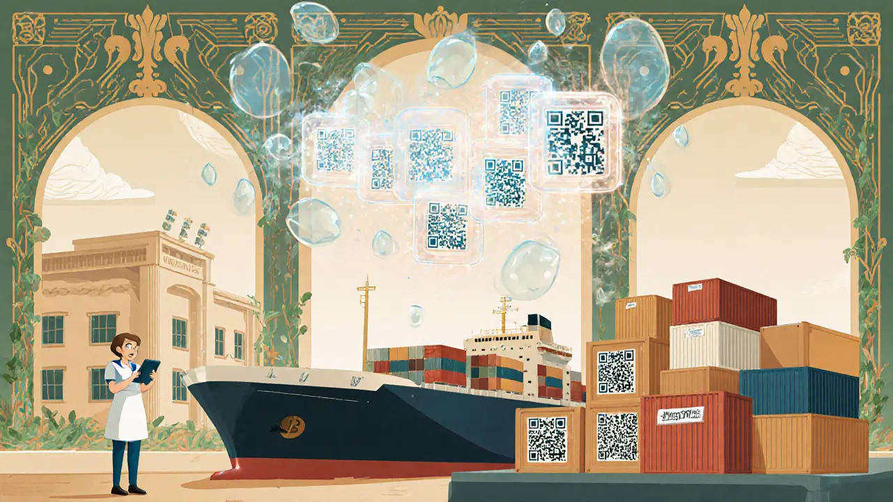 Escena de puerto con contenedores y registro blockchain flotante, junto a un hospital y datos de salud seguros.