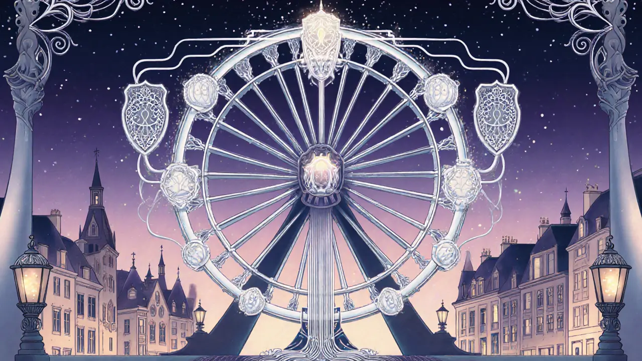 Escena futurista con 64 shards como radios de una rueda y un escudo que simboliza seguridad entre shards.