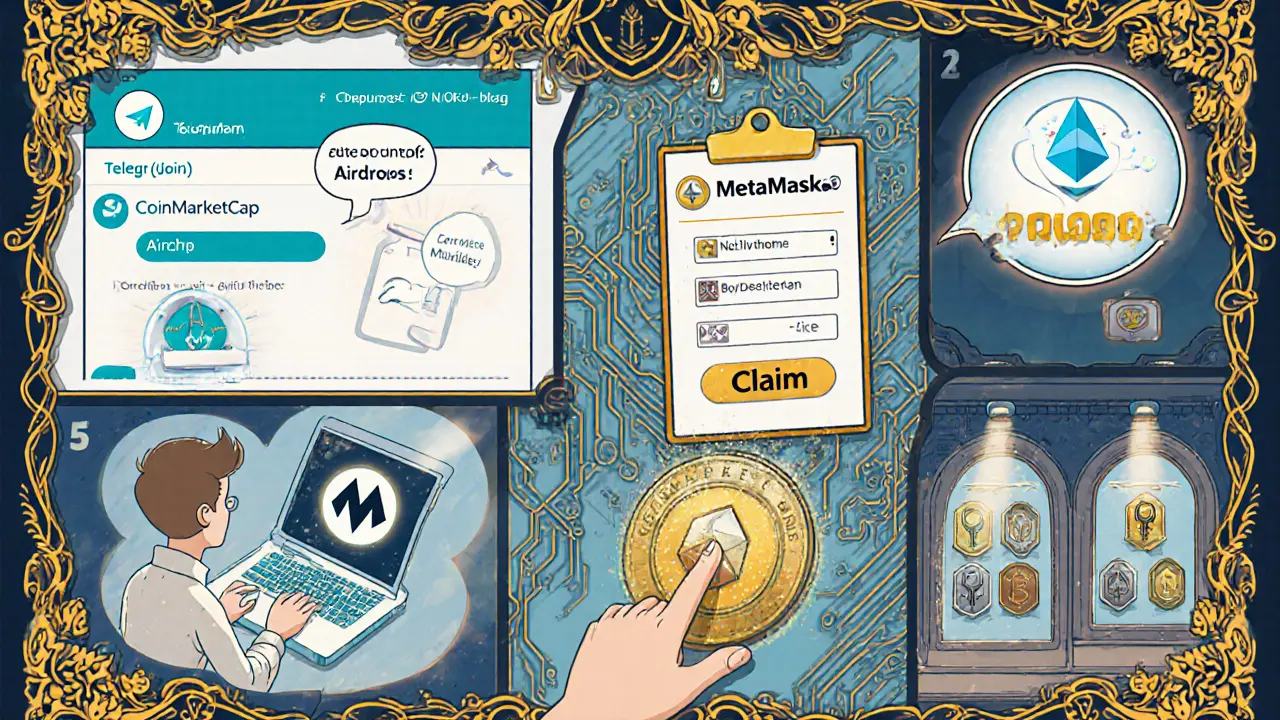 Ilustración paso a paso para reclamar el NFT: Telegram, CoinMarketCap y wallet BSC.