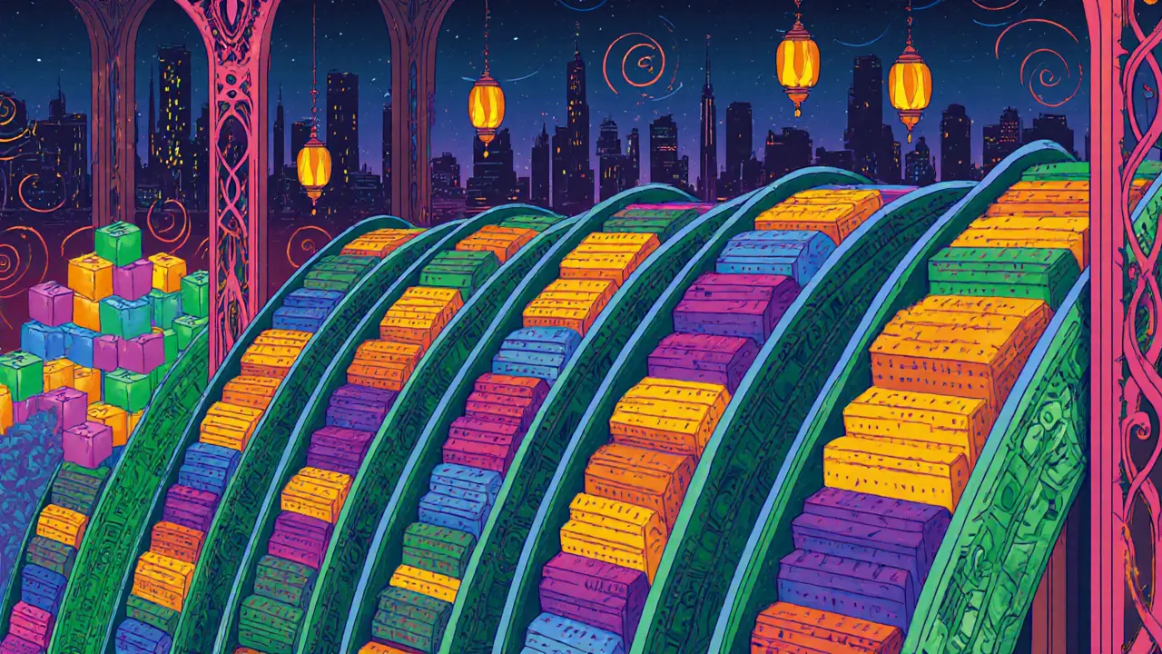 Imagen que compara 10 shards procesando transacciones en cintas transportadoras frente a una sola cinta.