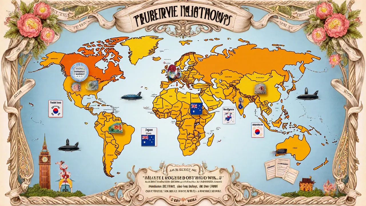 Mapa Art Nouveau con umbrales de la Travel Rule para EE. UU., UE, Japón y otros.