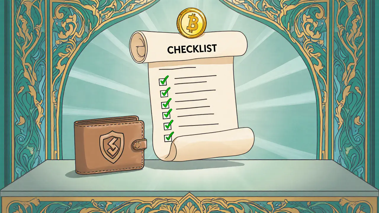 Mesa con wallet, lista de verificación y token Solana rodeada de motivos Art Nouveau.