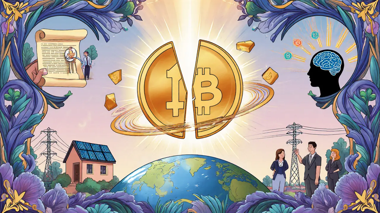 Panel futurista con token fraccionado, contrato inteligente, micro‑red energética y cerebro IA conectados.