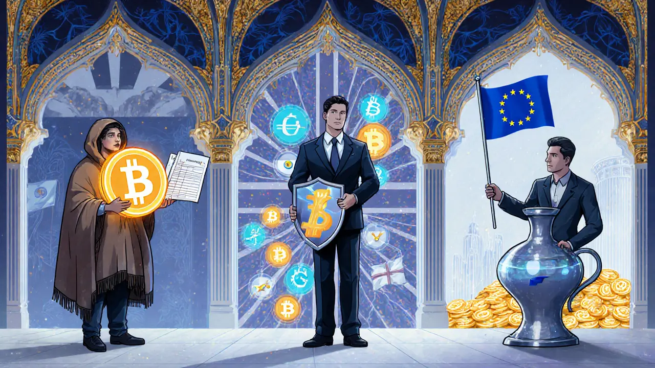 Tres personajes representan Bitex.la, Bitstamp y CEX.io en un salón estilo Art Nouveau.
