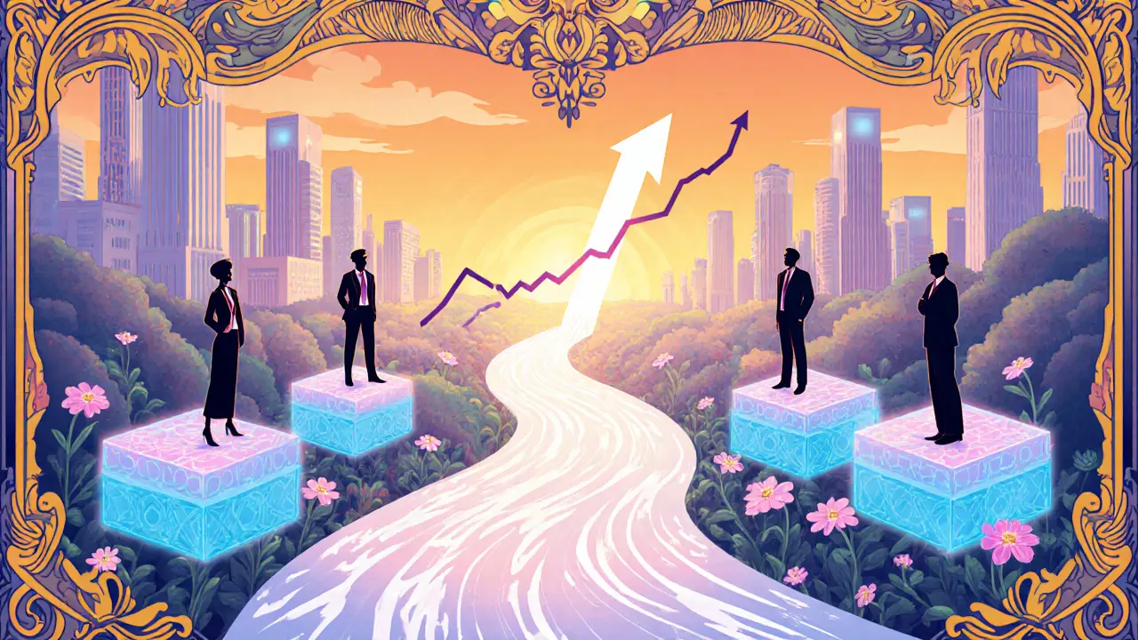 Anuncio Art Nouveau que muestra oportunidades laborales en cripto, con siluetas de profesionales y gráficos de crecimiento.