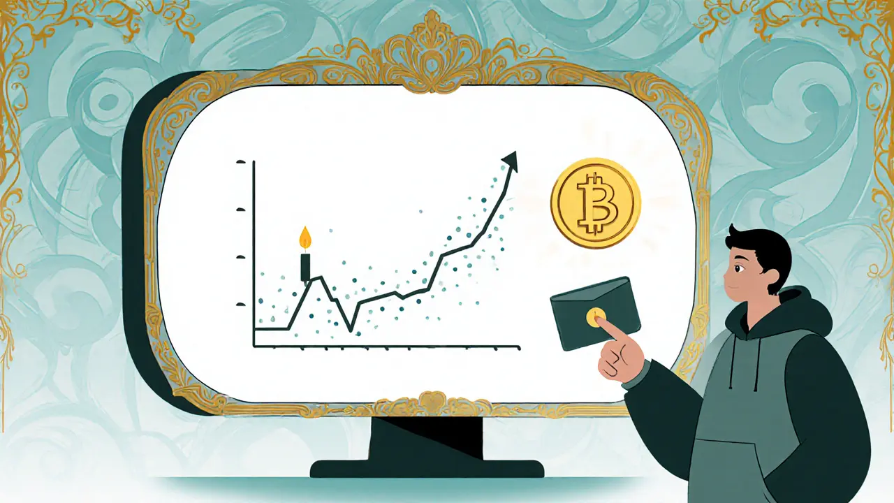 Escena estilo Art Nouveau con una pantalla de intercambio y un gráfico de bajo volumen para FILIPCOIN.