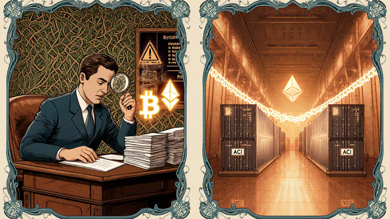 Ilustración tipo cómic de inspectores del CBE vigilando transacciones cripto mientras se exhibe una cadena de bloques en aduanas.