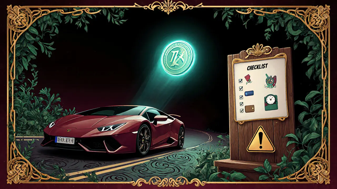 Imagen Art Nouveau con Lamborghini, token Thoreum y lista de verificación de seguridad.