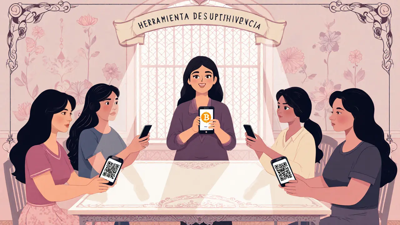 Mujeres afganas en un taller aprendiendo a usar carteras de Bitcoin y USDT bajo la guía de una instructora.