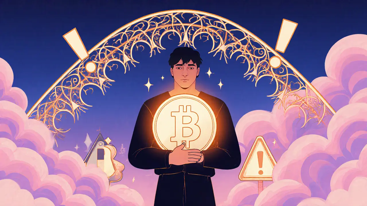 Representación Art Nouveau de una montaña rusa de volatilidad y una figura guardando su cartera de FILIPCOIN.