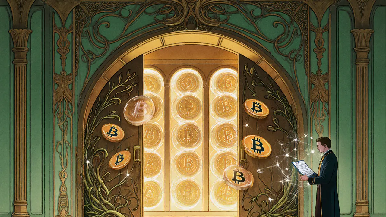Sala de la Reserva Estratégica de Bitcoin con bóvedas brillantes y Bitcoin flotando en estilo Art Nouveau.