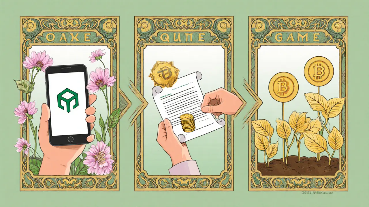Camino ilustrado: configuración de wallet, misión completada y tokens GAME creciendo en jardín de staking, estilo Art Nouveau.