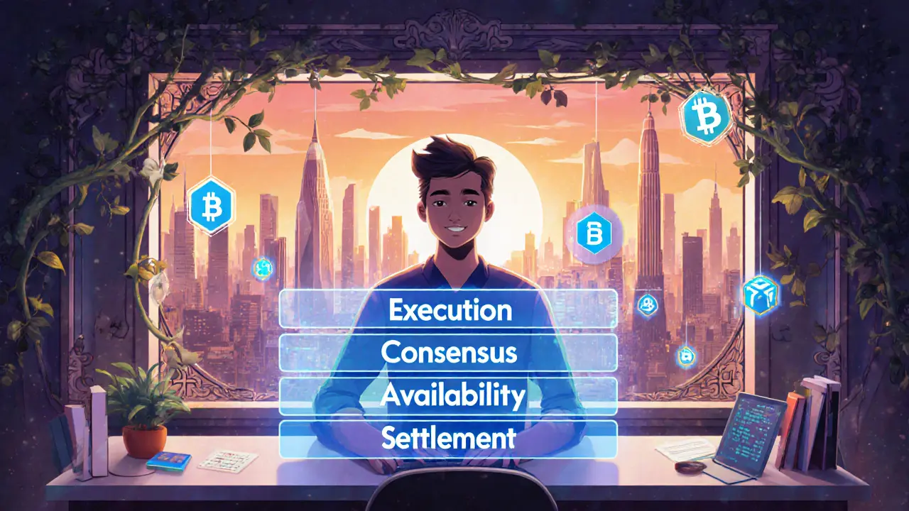 Desarrollador rodeado de capas holográficas de blockchain en un entorno futurista.