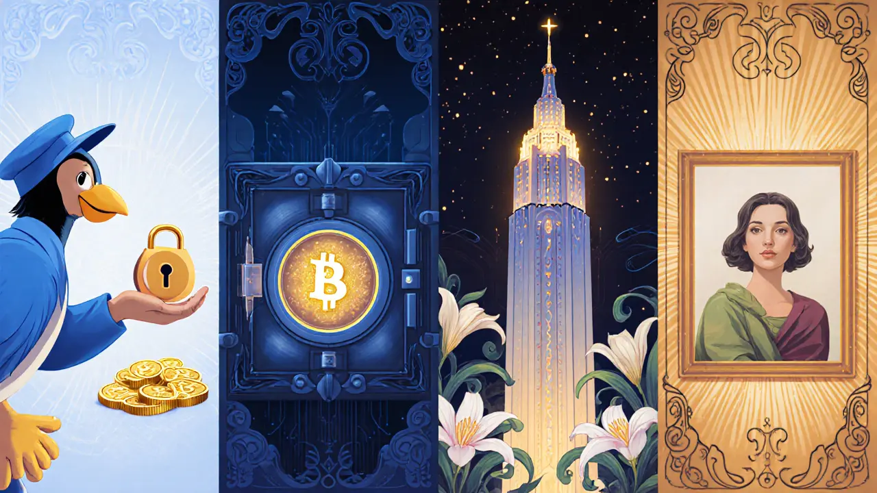 Escena con pájaro mensajero entregando airdrop, bóveda de staking, torre de nodo y galería de NFTs, estilo Art Nouveau.