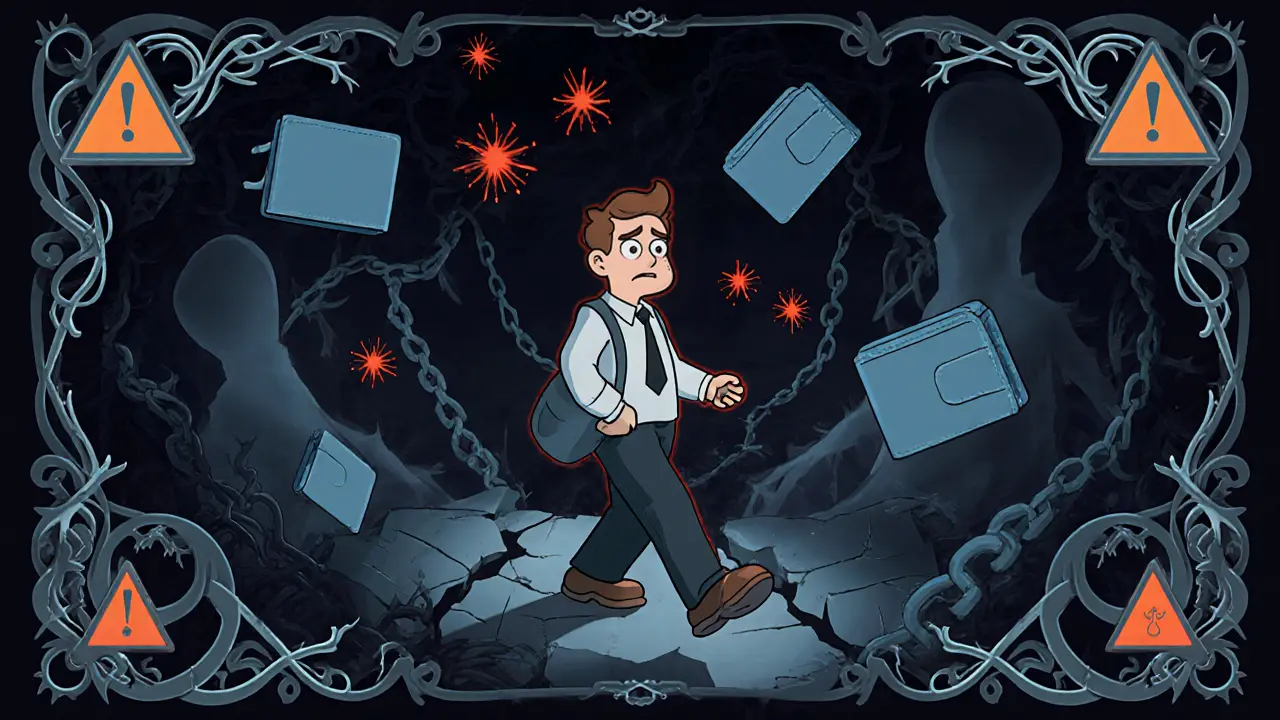 Inversor confundido entra en laberinto de contratos rotos y wallets fantasma, estilo Art Nouveau.