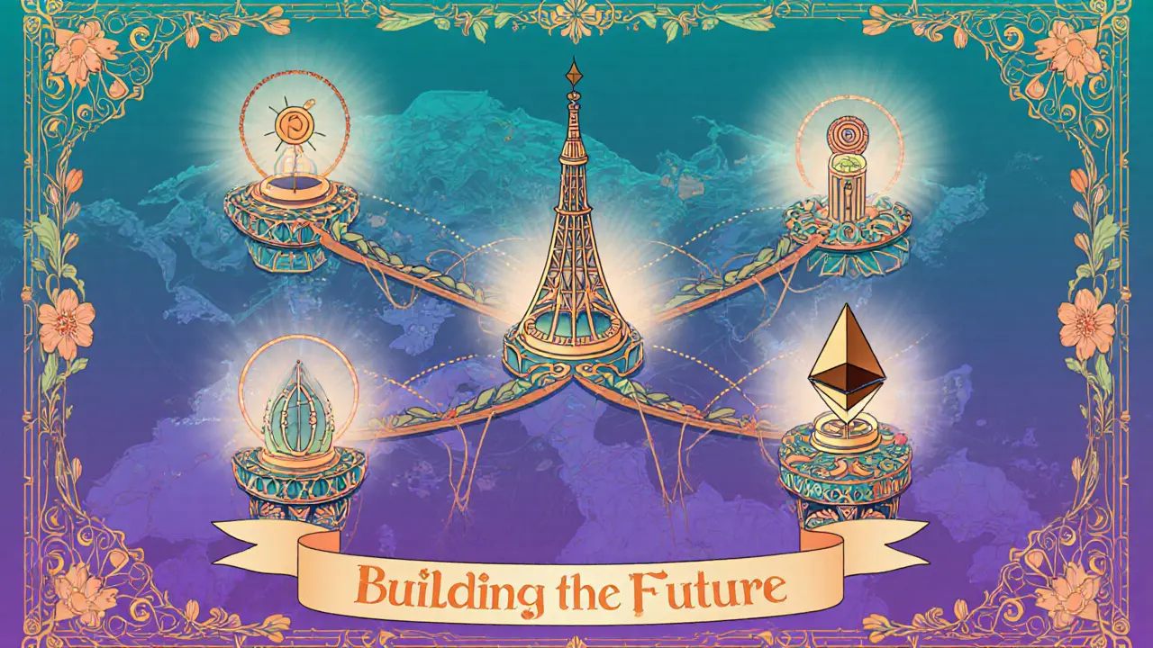 Mapa decorado de proyectos modulares como Polkadot, Celestia y Dymension con puentes florales.