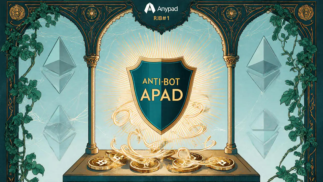 Plataforma Anypad con launchpad, DEX y escudo anti‑bot decorado.