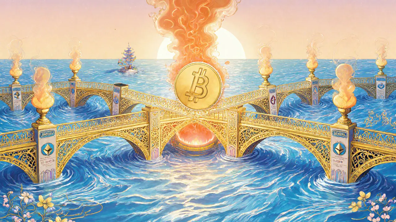 Representación Art Nouveau de LACHAIN como puentes dorados que conectan distintas blockchains.