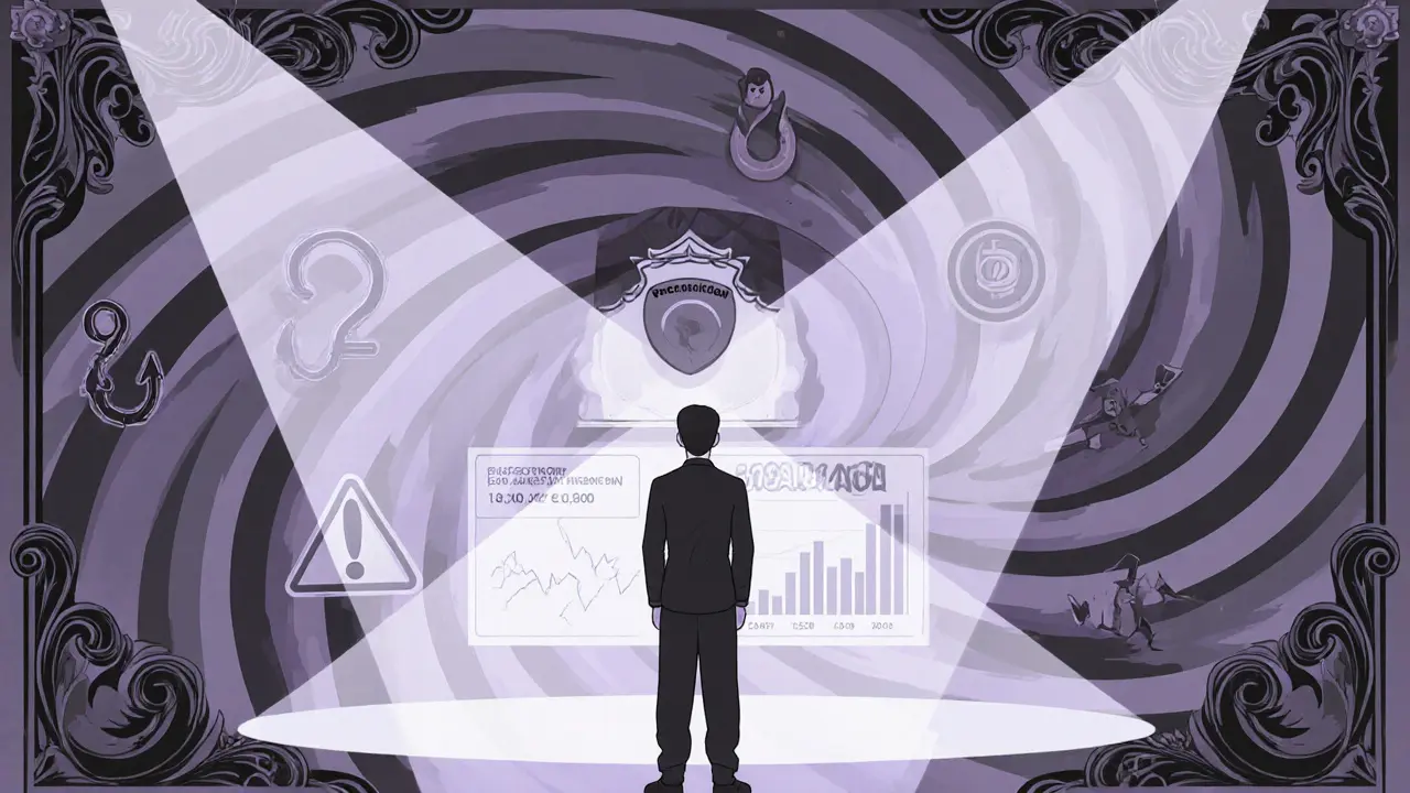 Figura cautelosa rodeada de símbolos de phishing, baja liquidez y advertencias en estilo Art Nouveau.