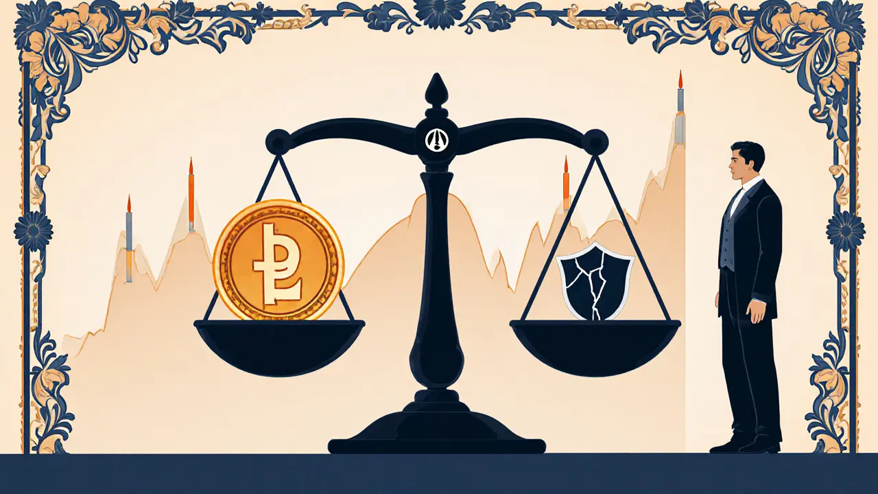 Ilustración Art Nouveau que representa los riesgos de invertir en CLANKER con una balanza y símbolos de aviso.