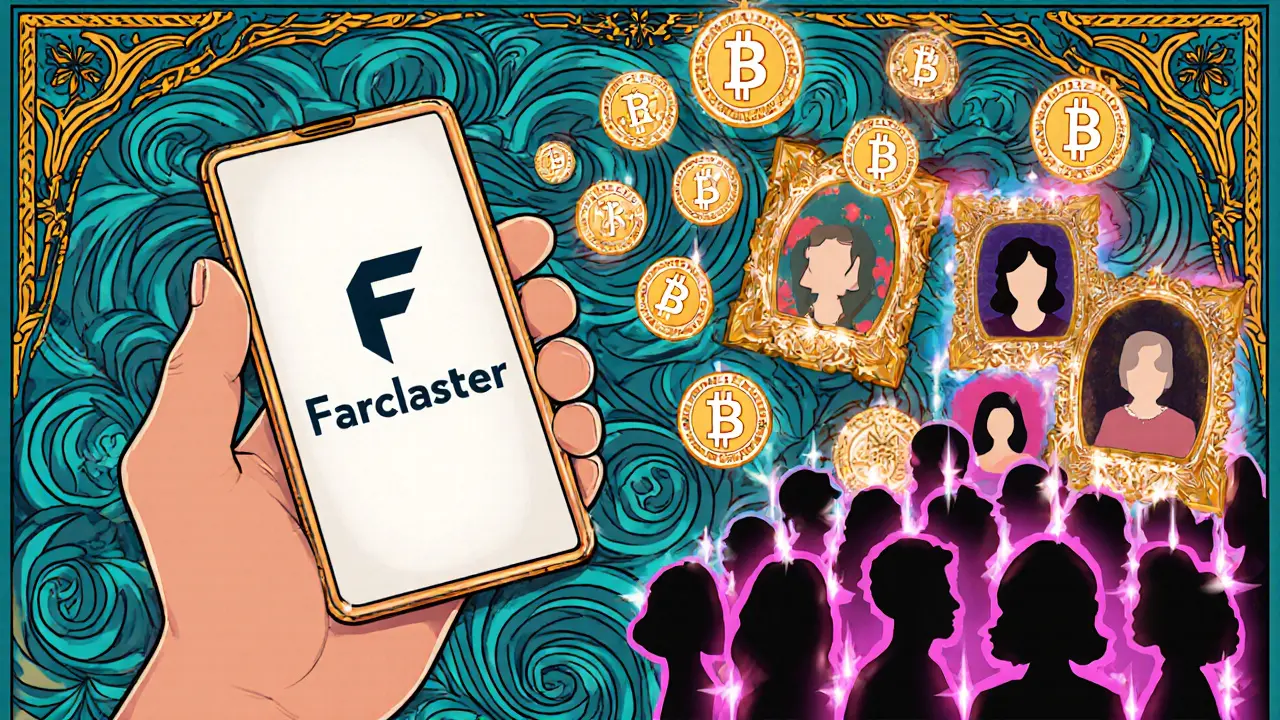Imagen Art Nouveau que muestra la integración de Farcaster y tokens distribuyéndose como airdrop.