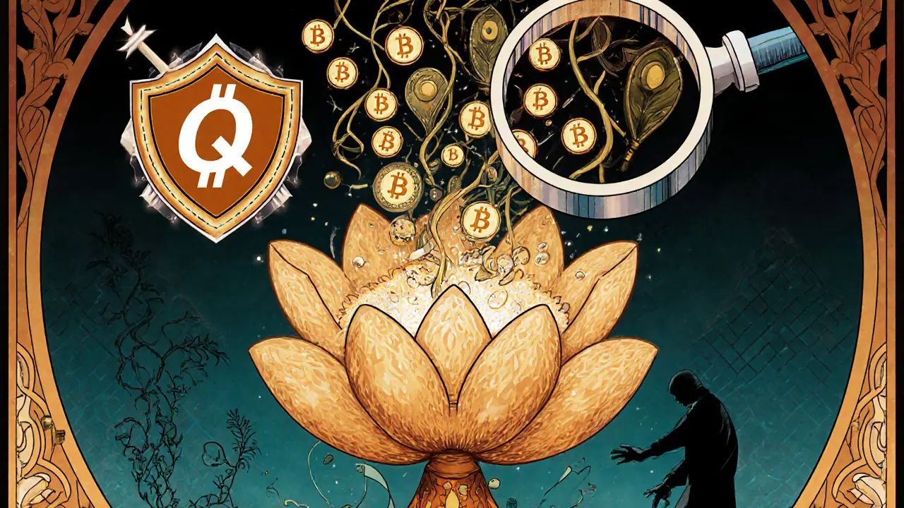 A jeweled wallet blooming into liquidity vines, with a bot blocked by a shield shaped like the QuickSwap logo.