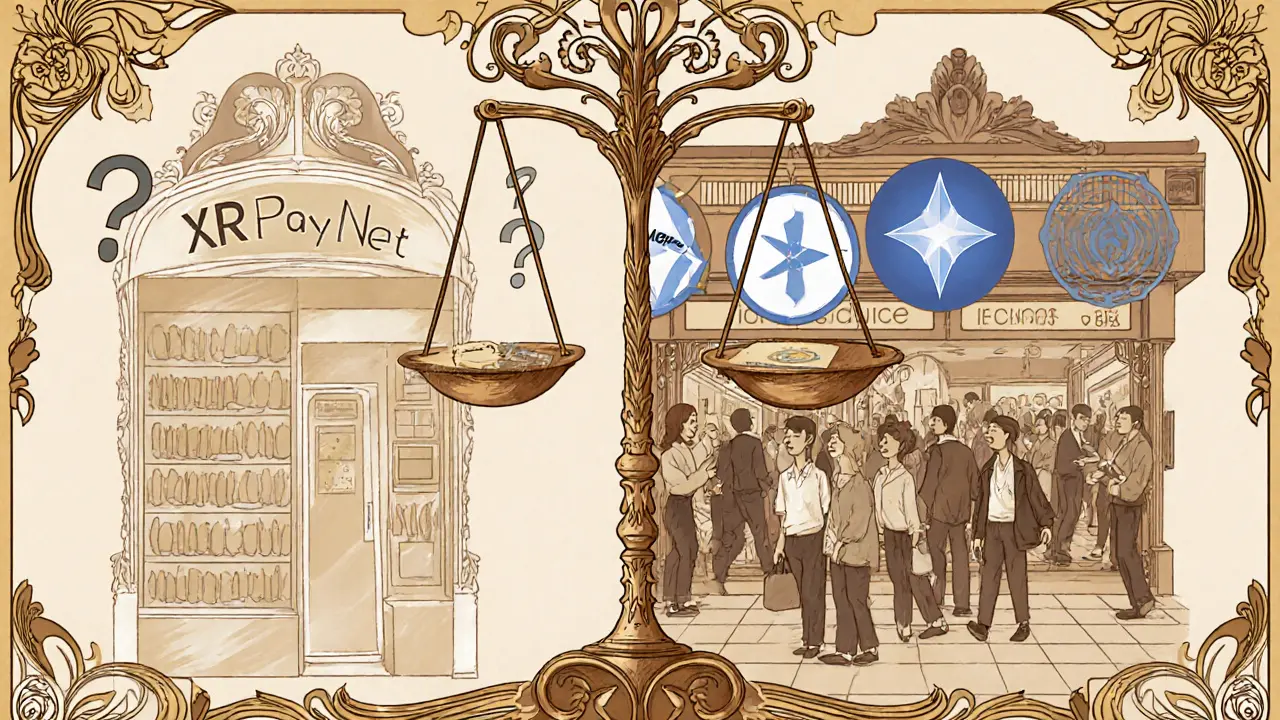 Cartel Art Nouveau que contrasta la incertidumbre de XRPayNet con comercios establecidos de XRP y Stellar.