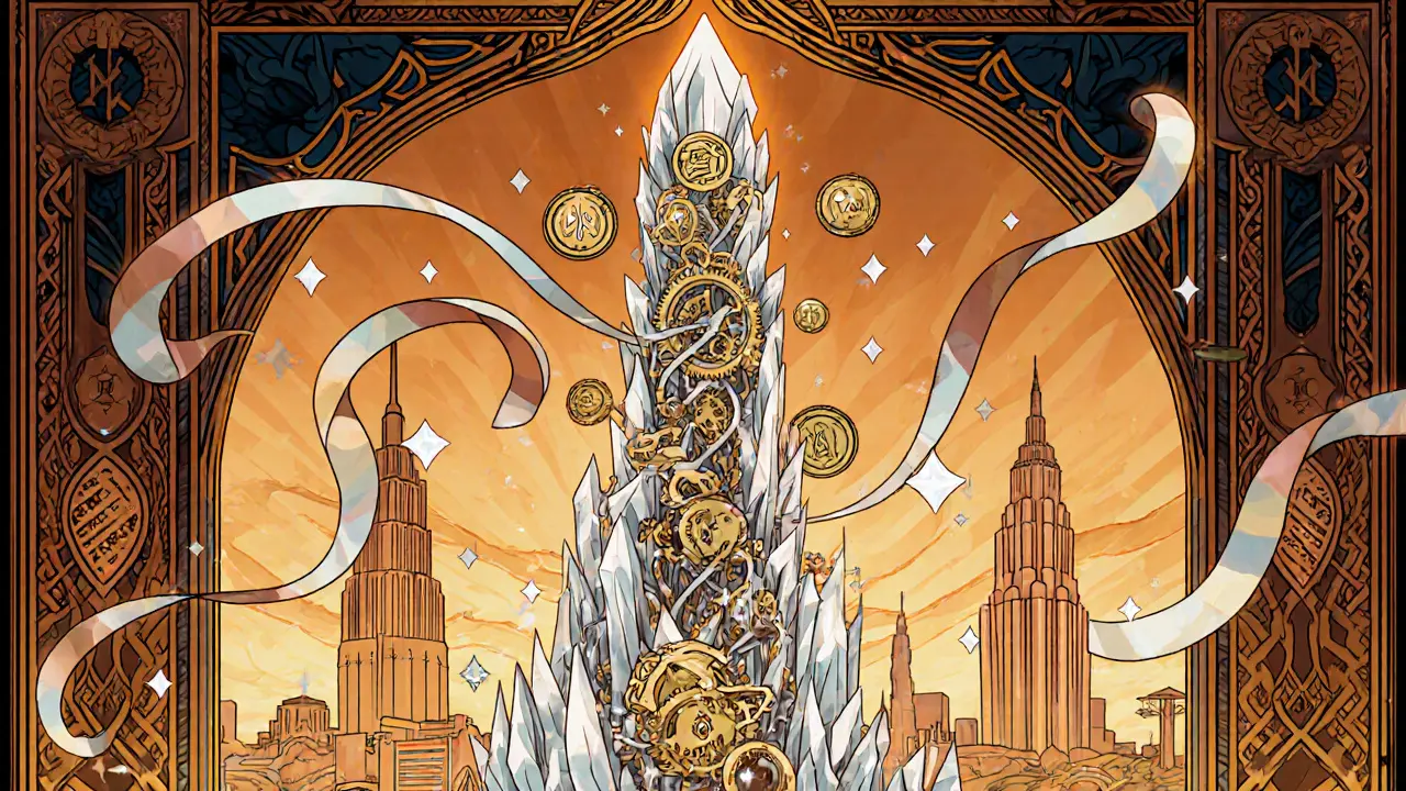 Escena Art Nouveau que representa la arquitectura PoSA y el flujo de tokens con un mercado diminuto.