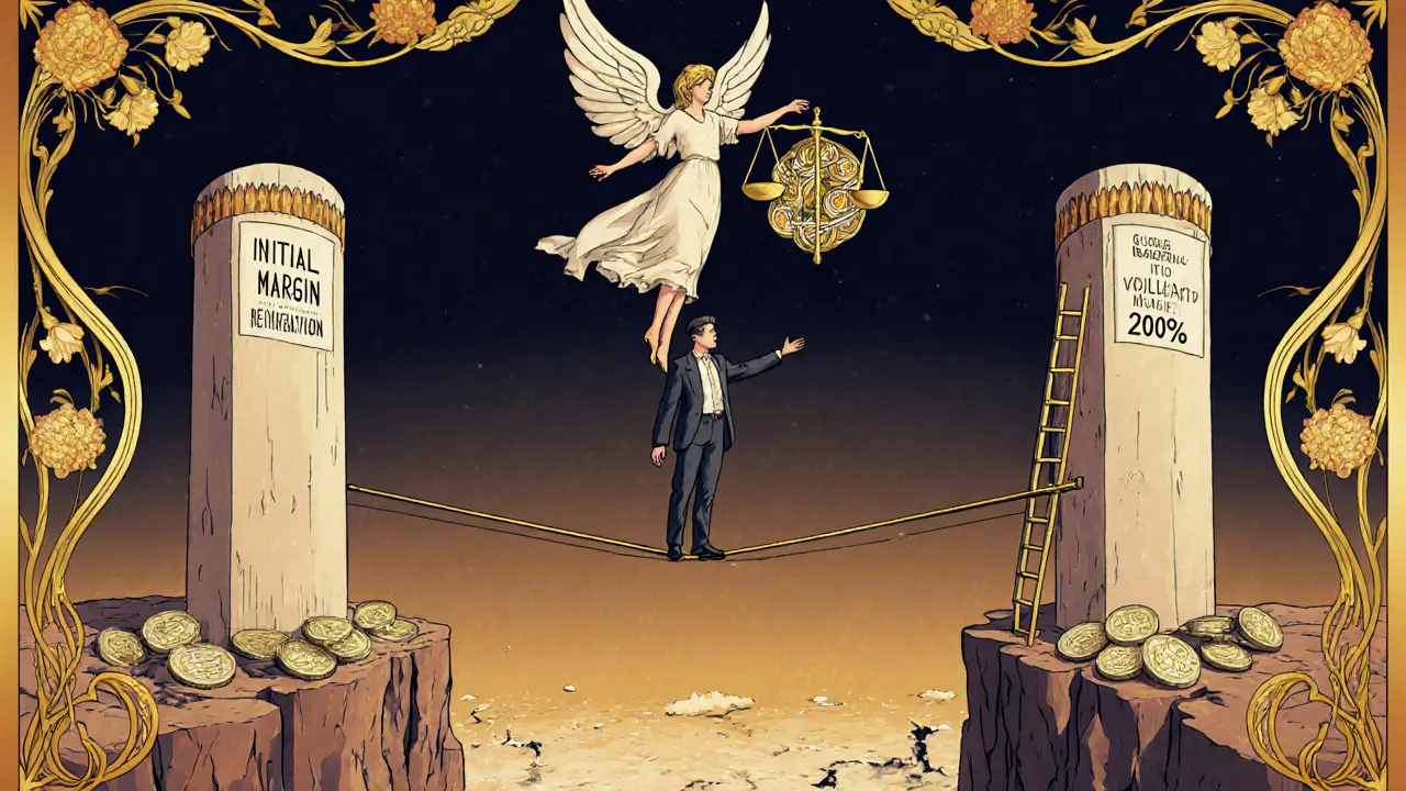 Hombre en una cuerda floja entre márgenes de garantía, ángel ofreciendo escalera de USDC, estilo Art Nouveau.