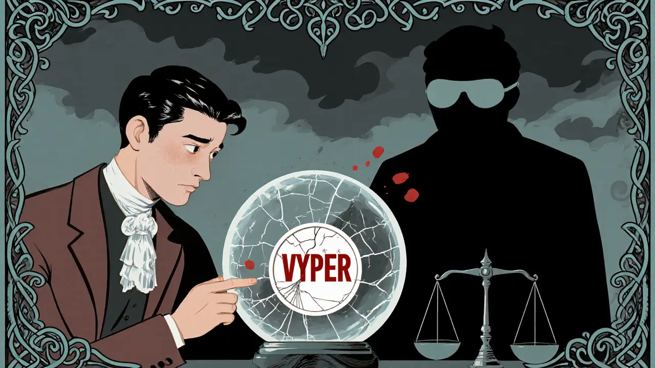 Inversor preocupado mirando un token VYPER bajo nubes y sombra de la SEC.