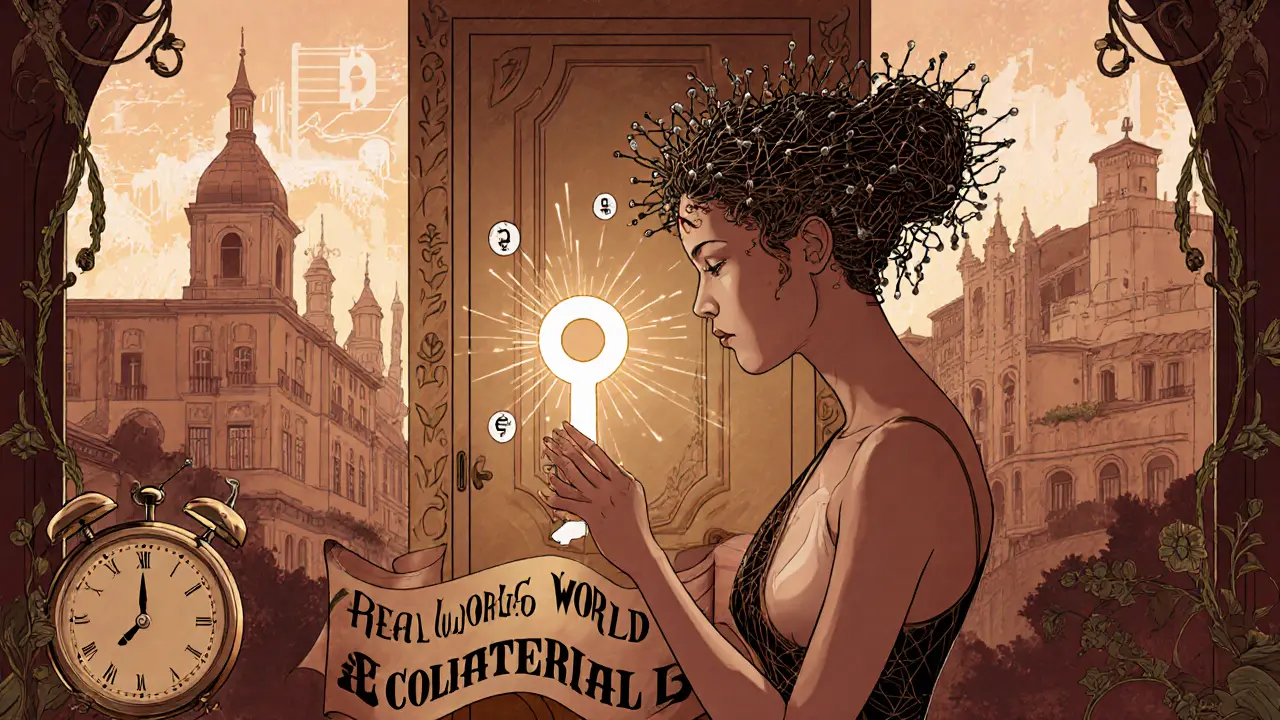 Mujer con nodos blockchain abre puerta a colateral real, reloj derritiéndose en stablecoins, estilo Art Nouveau.